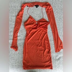 Pretty Little Thing Orange Mesh Lace Up Detail Overlay Bodycon Dress